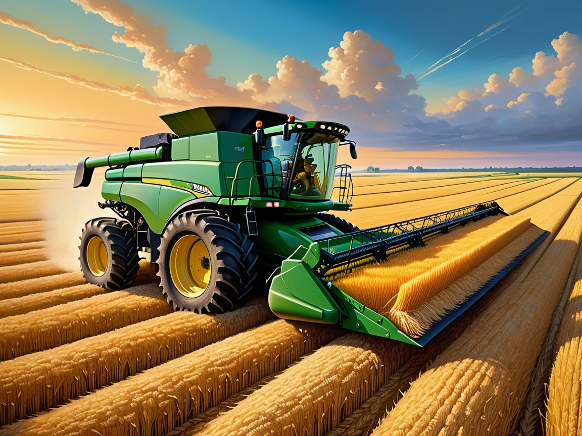 Green Combine Harvester in Golden Wheat Field