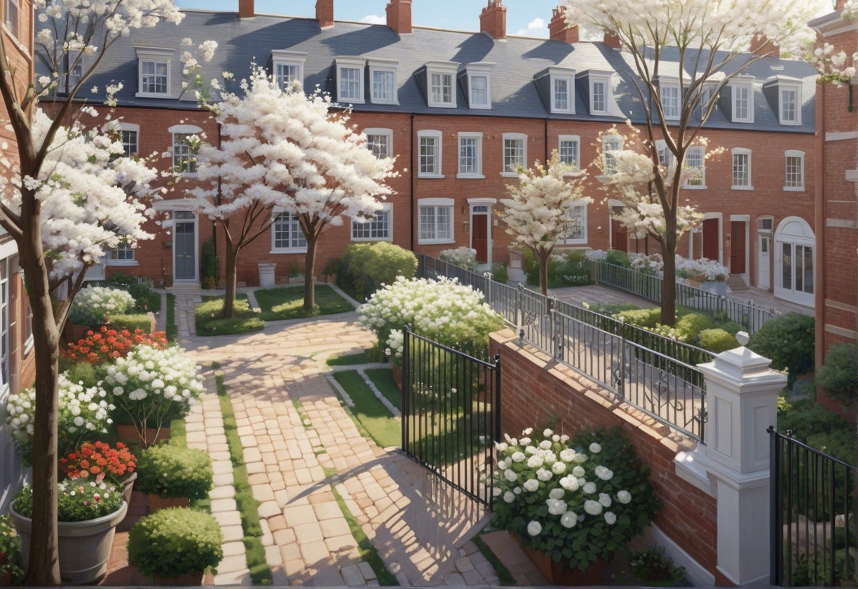 Charming Courtyard with Brick Buildings and Gardens