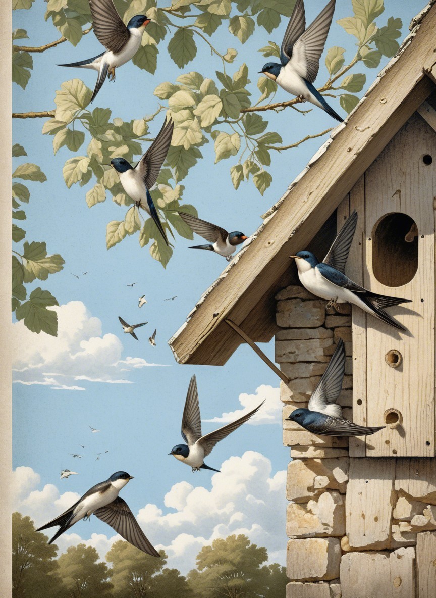 Swallows in Flight Around a Rustic Birdhouse Scene