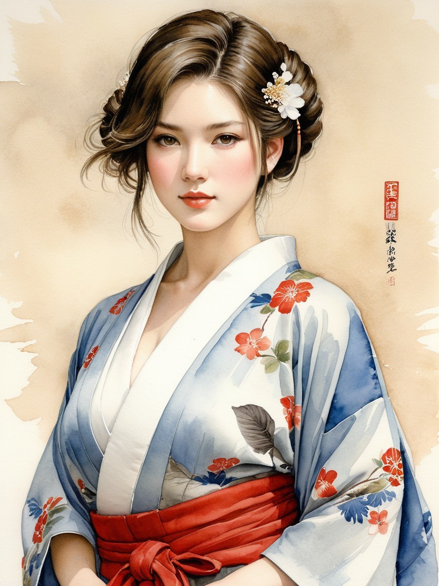 Young Woman in Traditional Japanese Kimono with Florals