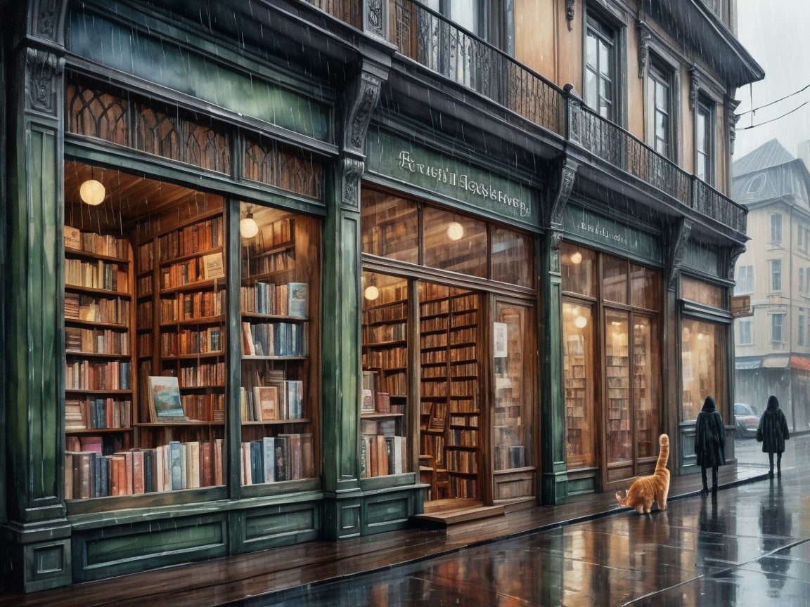 Vintage Bookstore with Rainy Cobblestone Street Scene