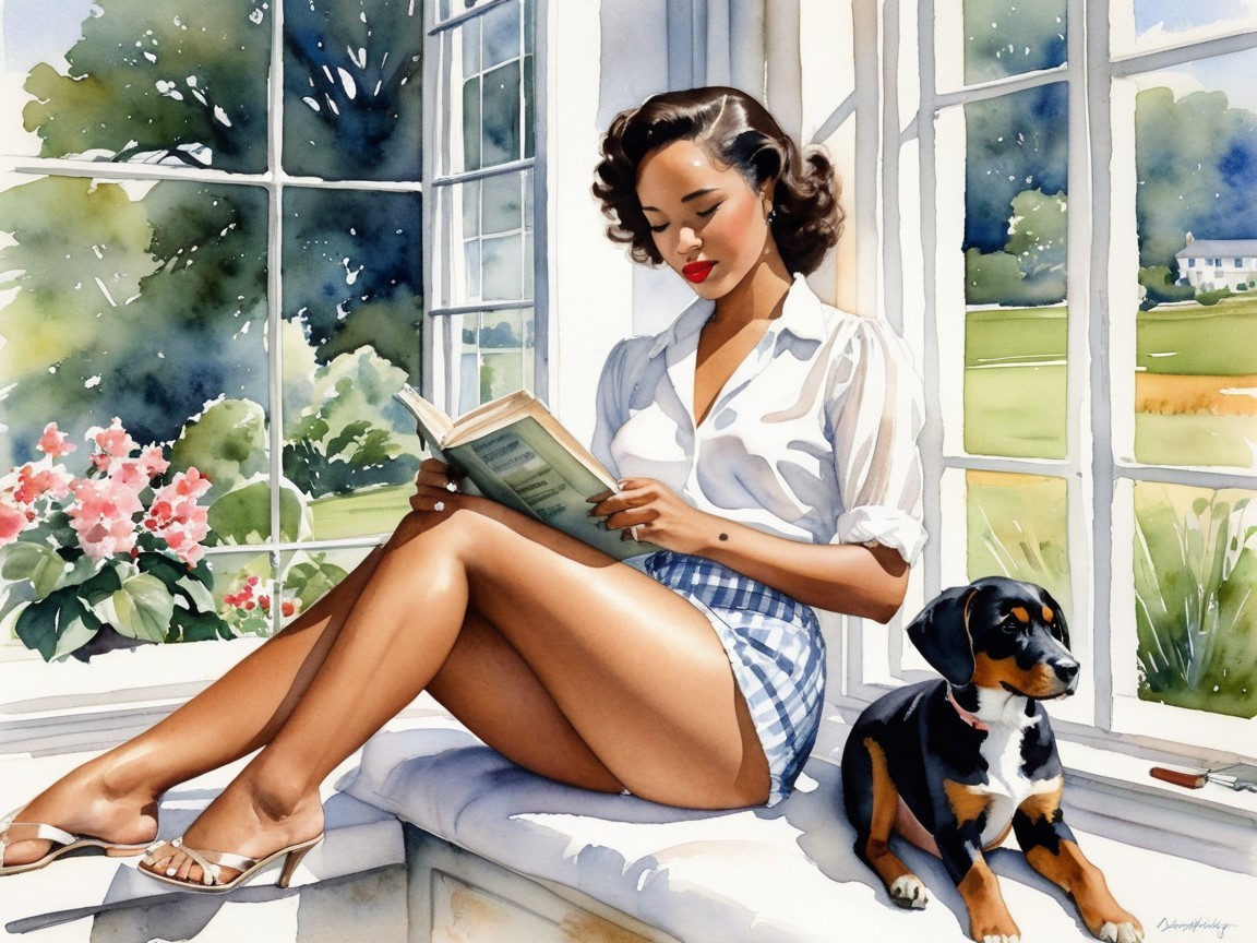 Stylish Woman Reading by Sunlit Window with Dog