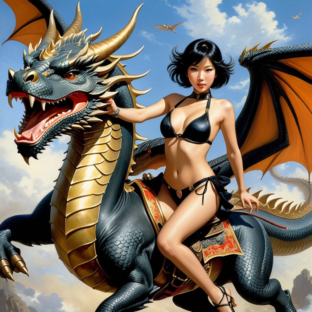 Fantasy Scene of Woman Riding Black Dragon