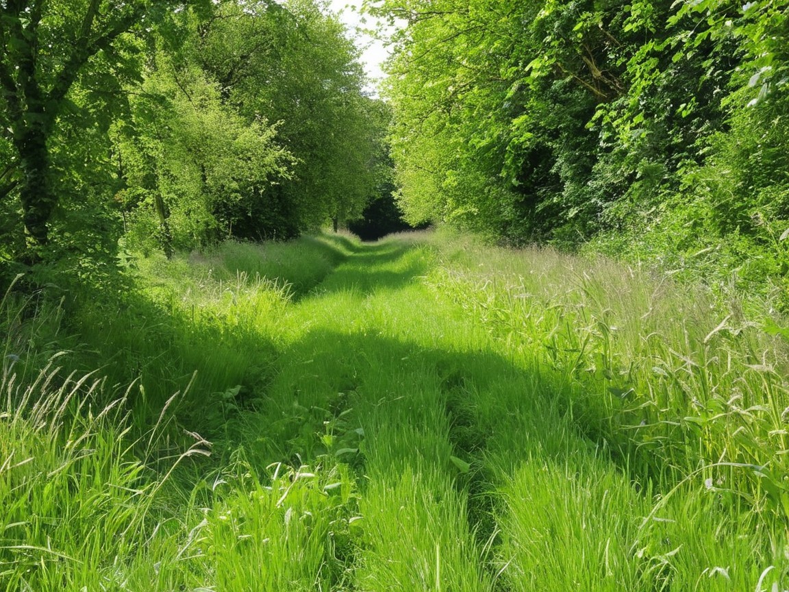 Serene Pathway Surrounded by Lush Greenery and Trees