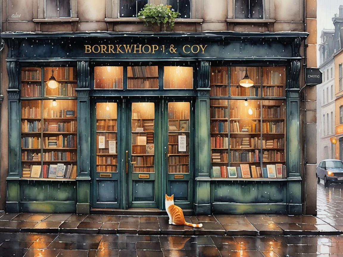 Vintage Bookshop with Colorful Books and Cat Outside
