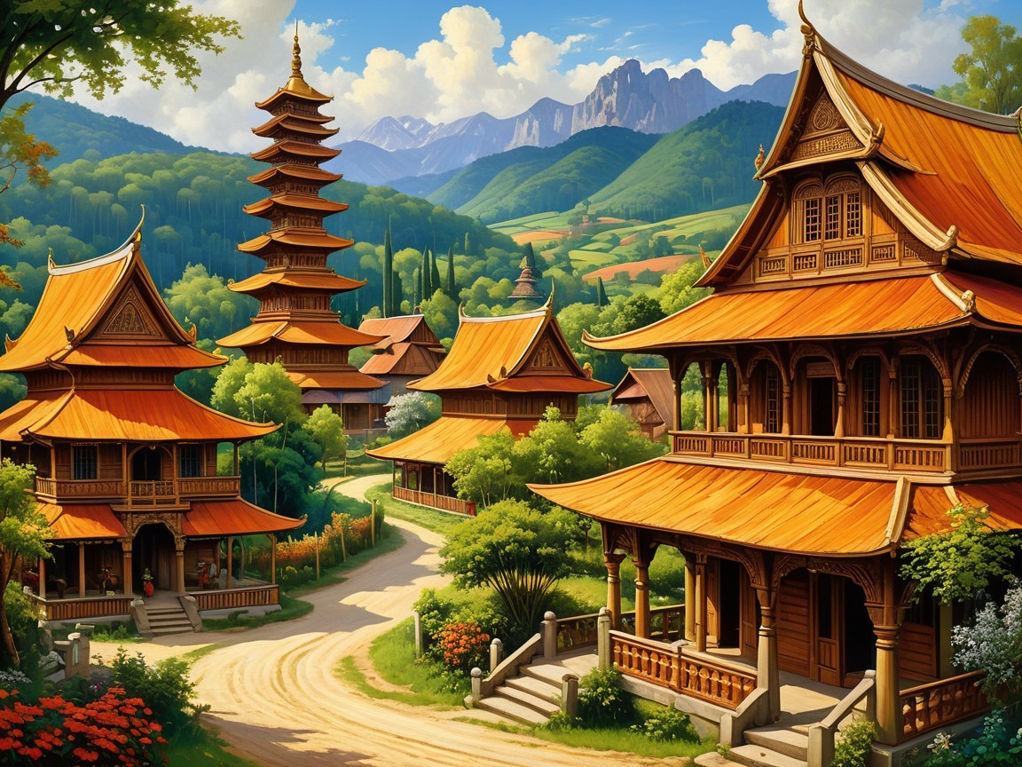 Serene village scene with traditional wooden structures
