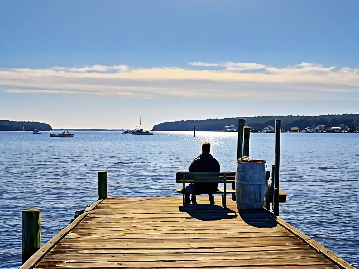 Solitary Figure on Dock Overlooking Calm Waters