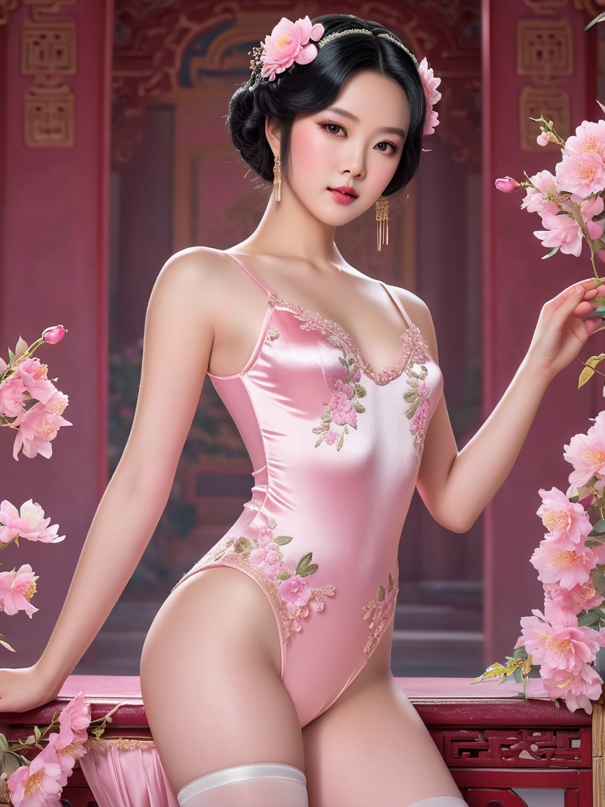 Young Woman in Pink Satin Bodysuit with Floral Embroidery