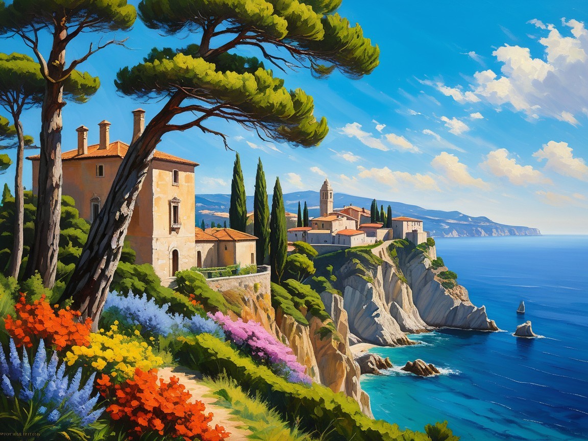 Coastal Village on Cliffs Overlooking Blue Sea
