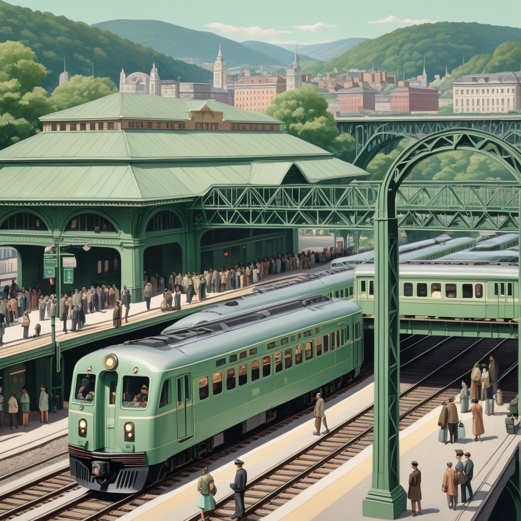 Green Train Station at Mountain Base with Vintage Crowd