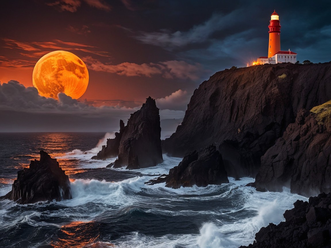 Vibrant Orange Full Moon Over Dark Ocean and Lighthouse