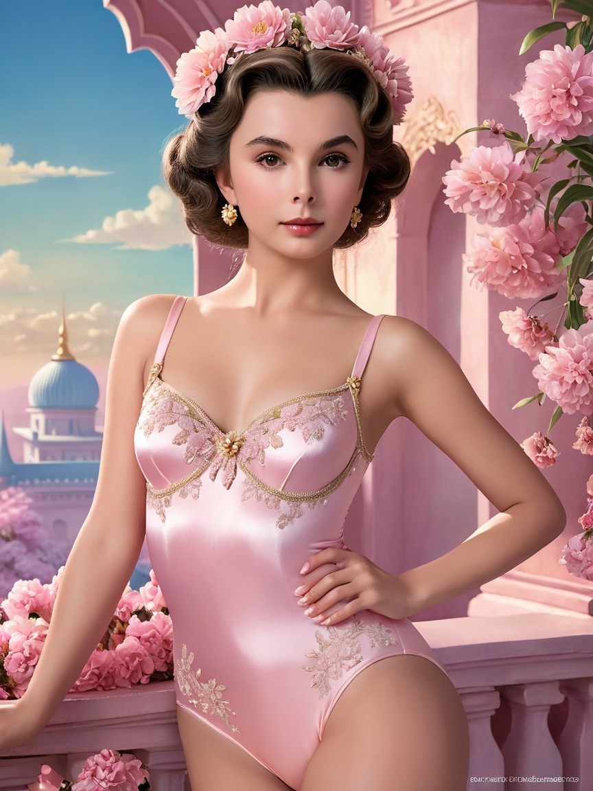 Young Woman in Pink Bodysuit with Floral Accessories