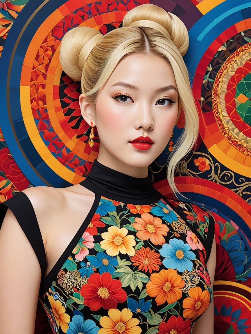 Portrait of a Young Woman in Floral Dress with Patterns