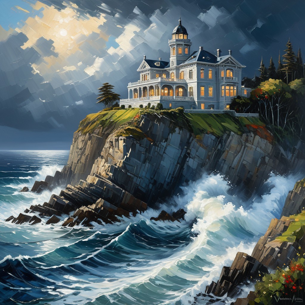 Mansion on Cliff Overlooking Turbulent Sea at Night