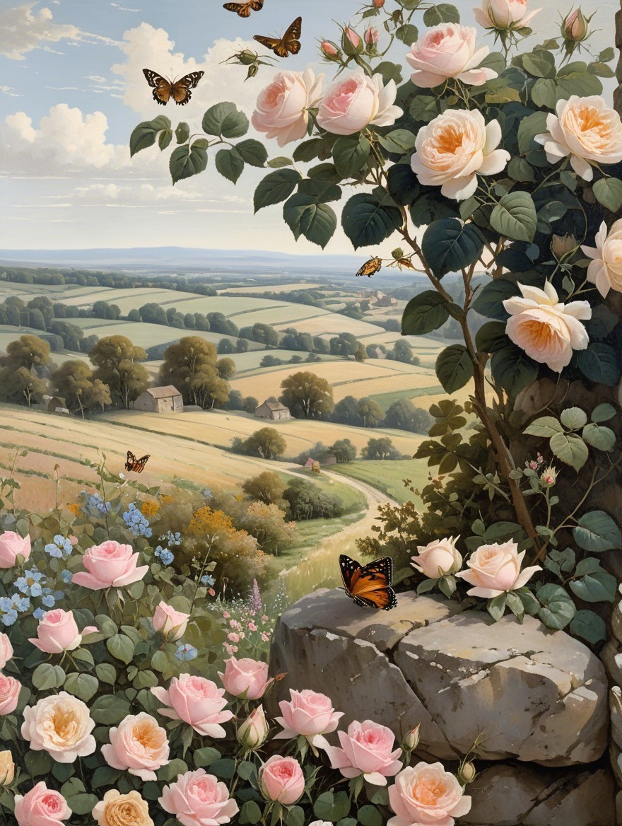 Serene Landscape with Pink Roses and Rolling Hills