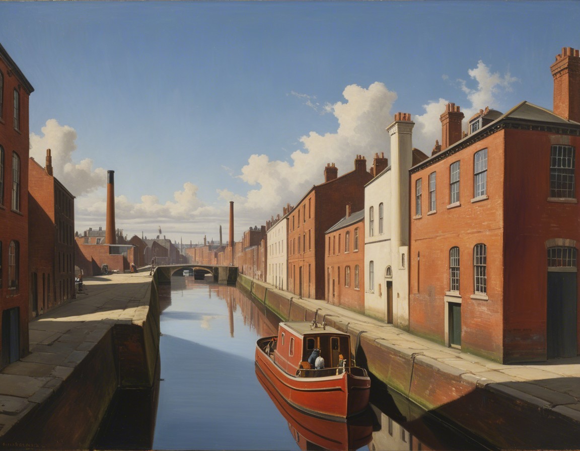 Colorful Narrowboat on Serene Canal with Brick Buildings