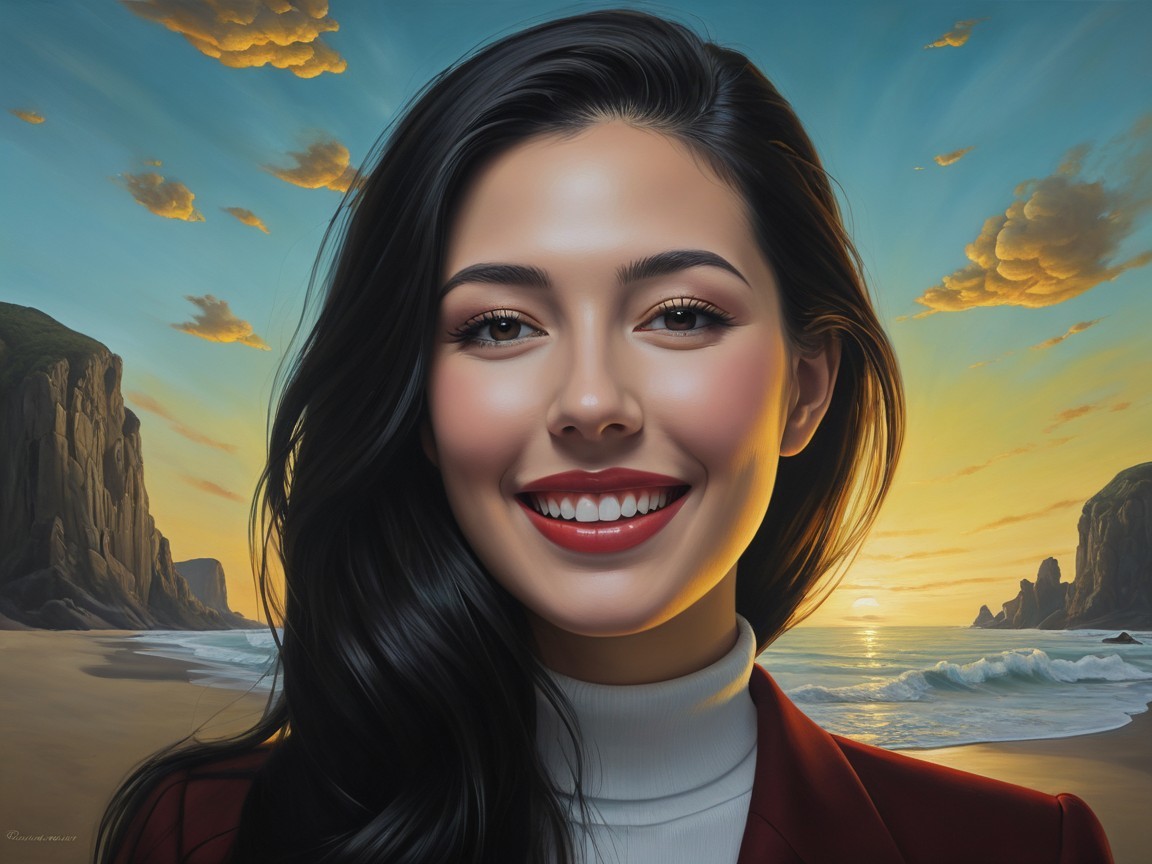 Woman Smiling in Elegant Outfit at Coastal Sunset