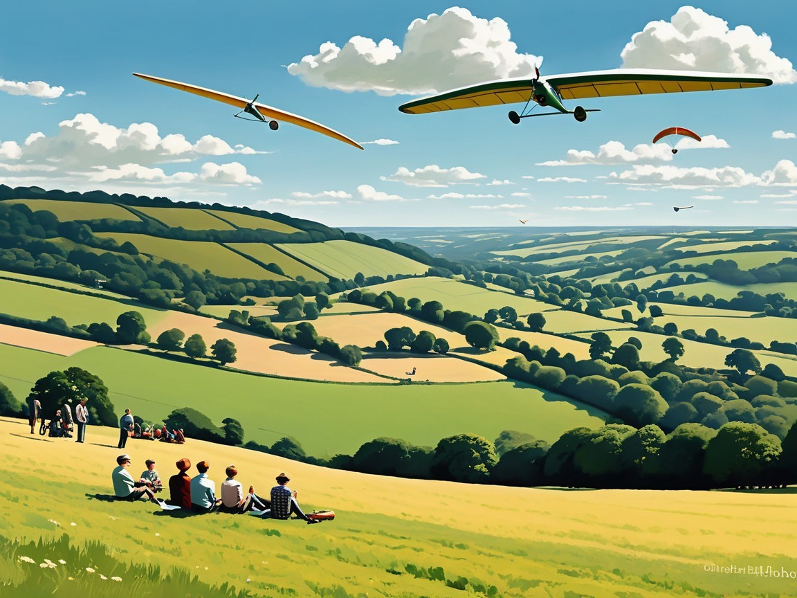 Anime Style Valley Scene with Hang Gliders and People