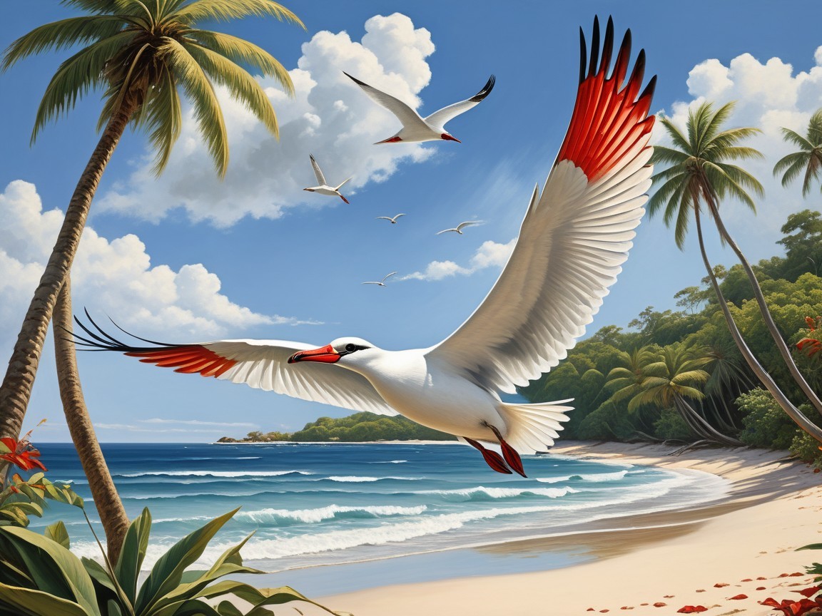 Vibrant Beach Scene with Birds and Palm Trees