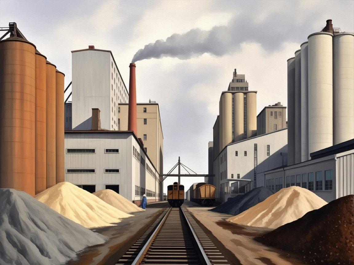 Industrial Scene with Railway Track and Warehouses