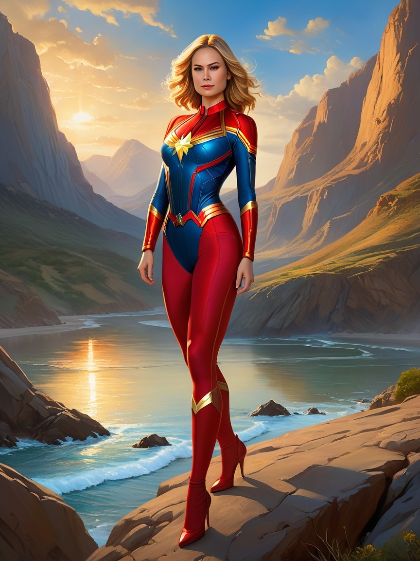 Female superhero in vibrant suit on rocky cliff