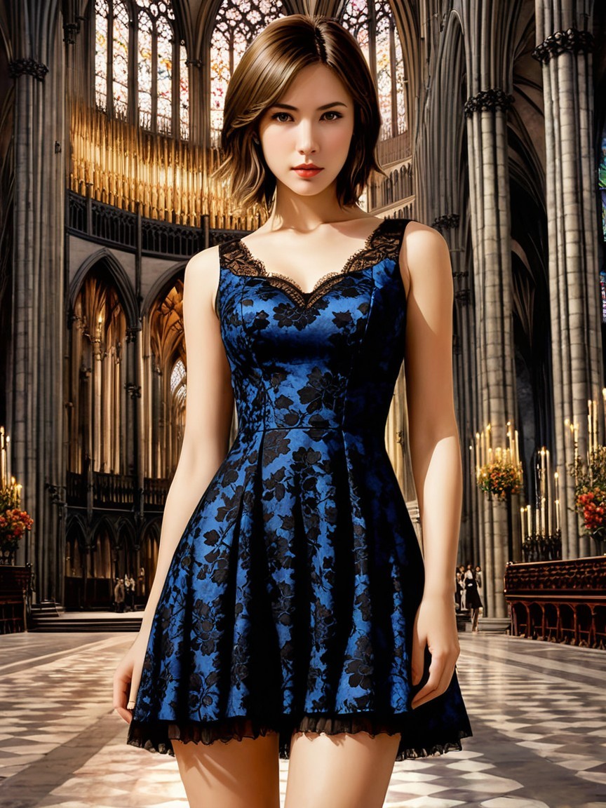 Young Woman in Elegant Blue Dress at Gothic Cathedral