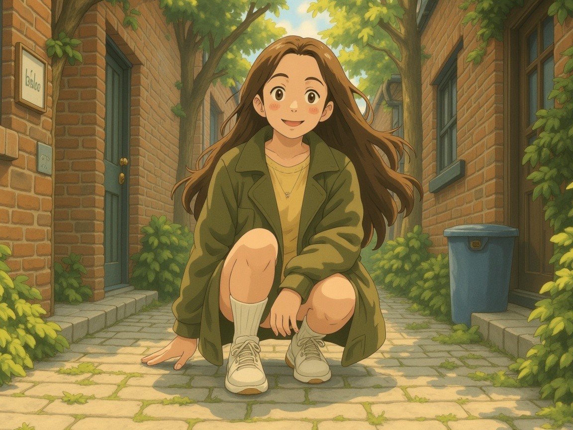 Young girl in cozy outfit in sunlit alleyway