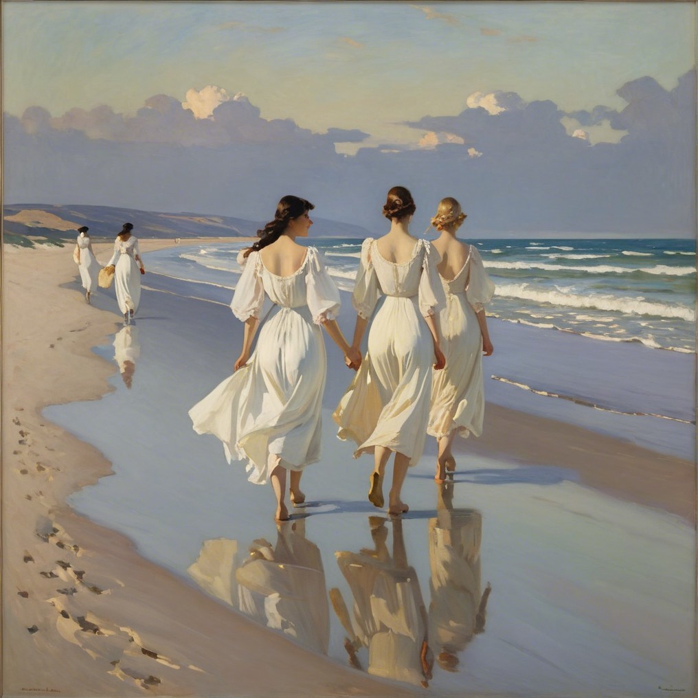 Serene Beach Scene with Women in White Dresses