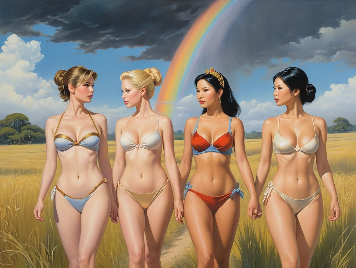 Women in Bikinis in a Golden Field with Rainbow