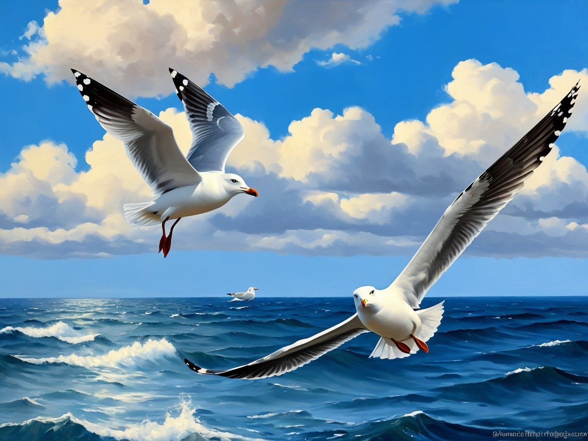 Seagulls Soaring Over Blue Ocean Waves and Clouds
