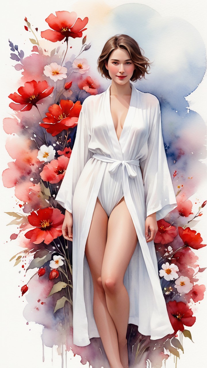 Elegant Figure in White Robe Surrounded by Flowers