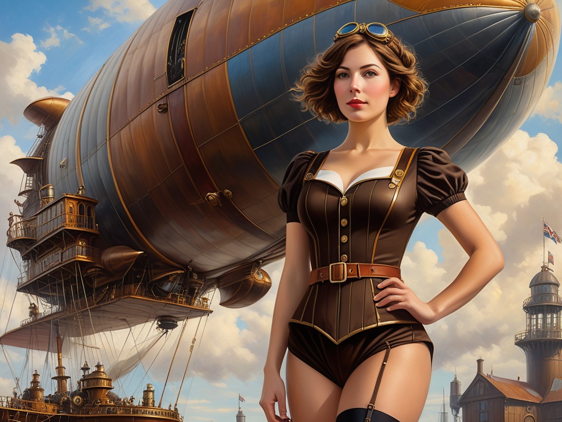 Confident Woman in Stylish Brown Steampunk Outfit