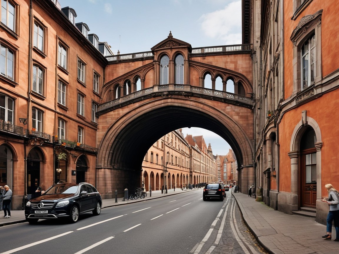 Urban Scene with Stone Arch Bridge and Historic Buildings