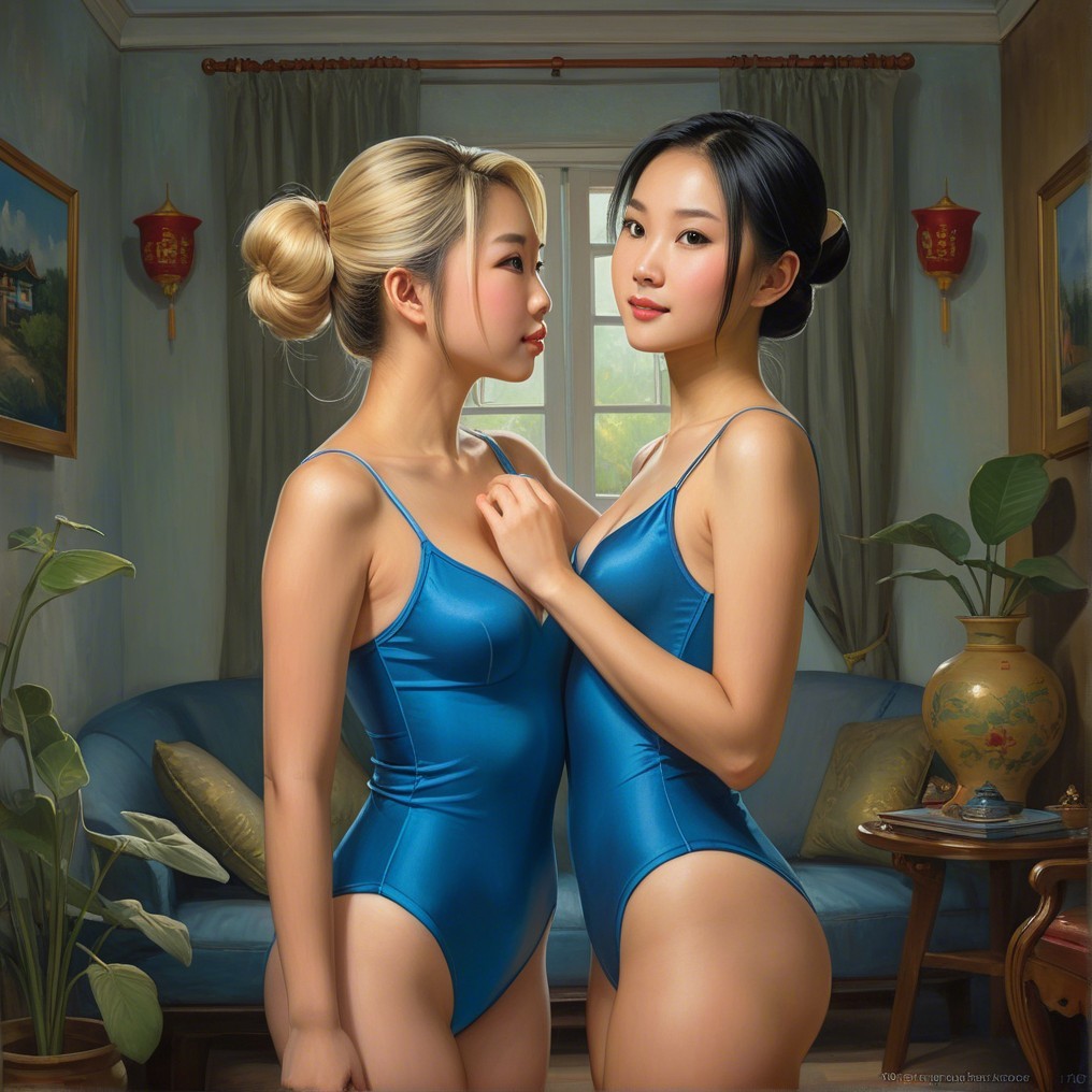 Women in Blue Swimsuits in Cozy Room Setting
