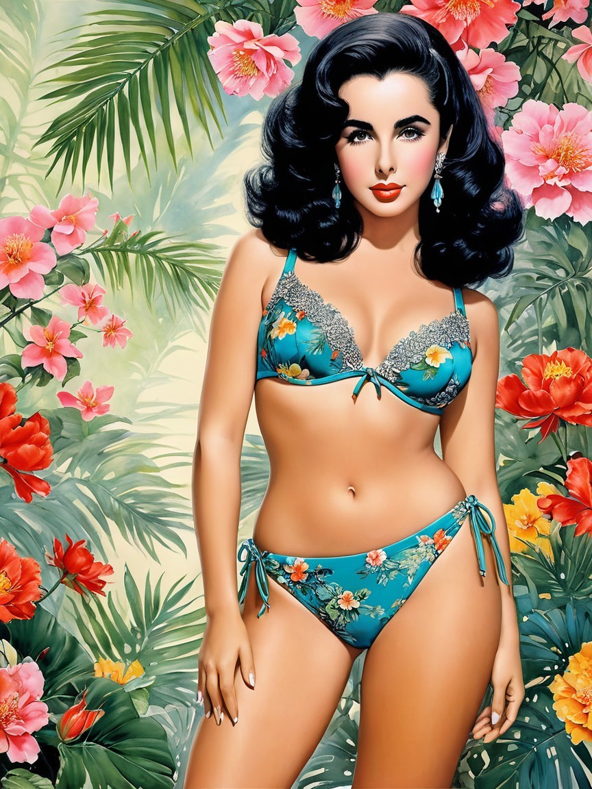 Glamorous Figure in Turquoise Bikini with Tropical Backdrop