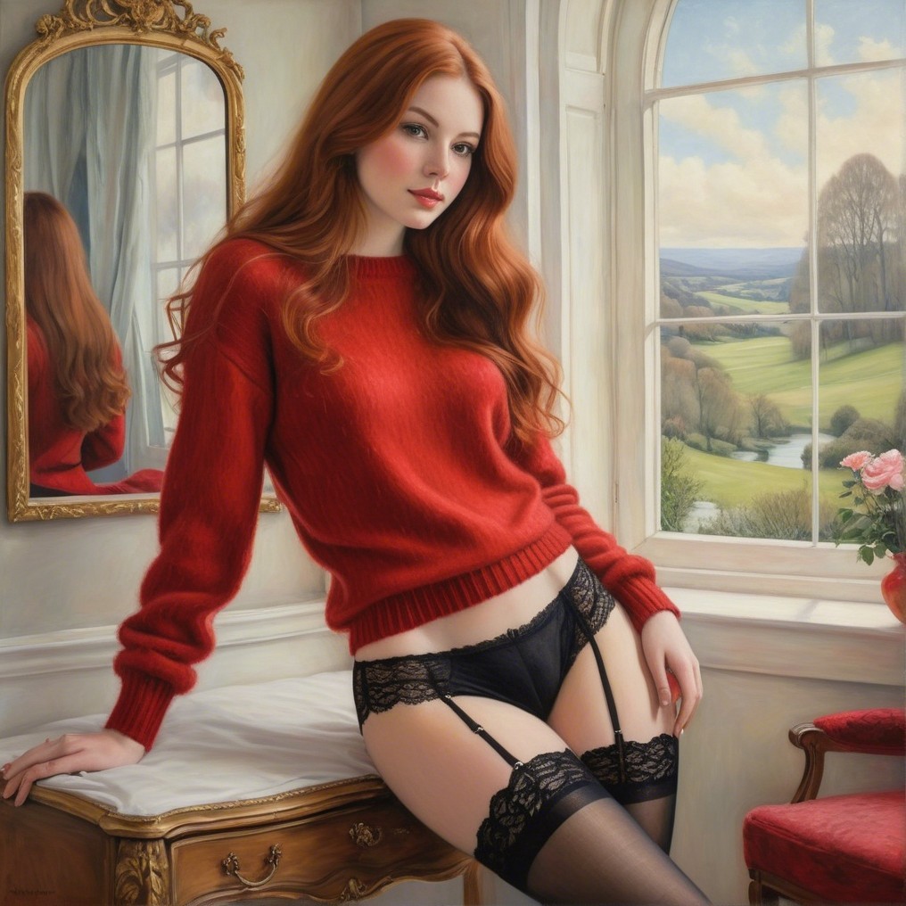 Digital painting of a woman in a red sweater and lingerie