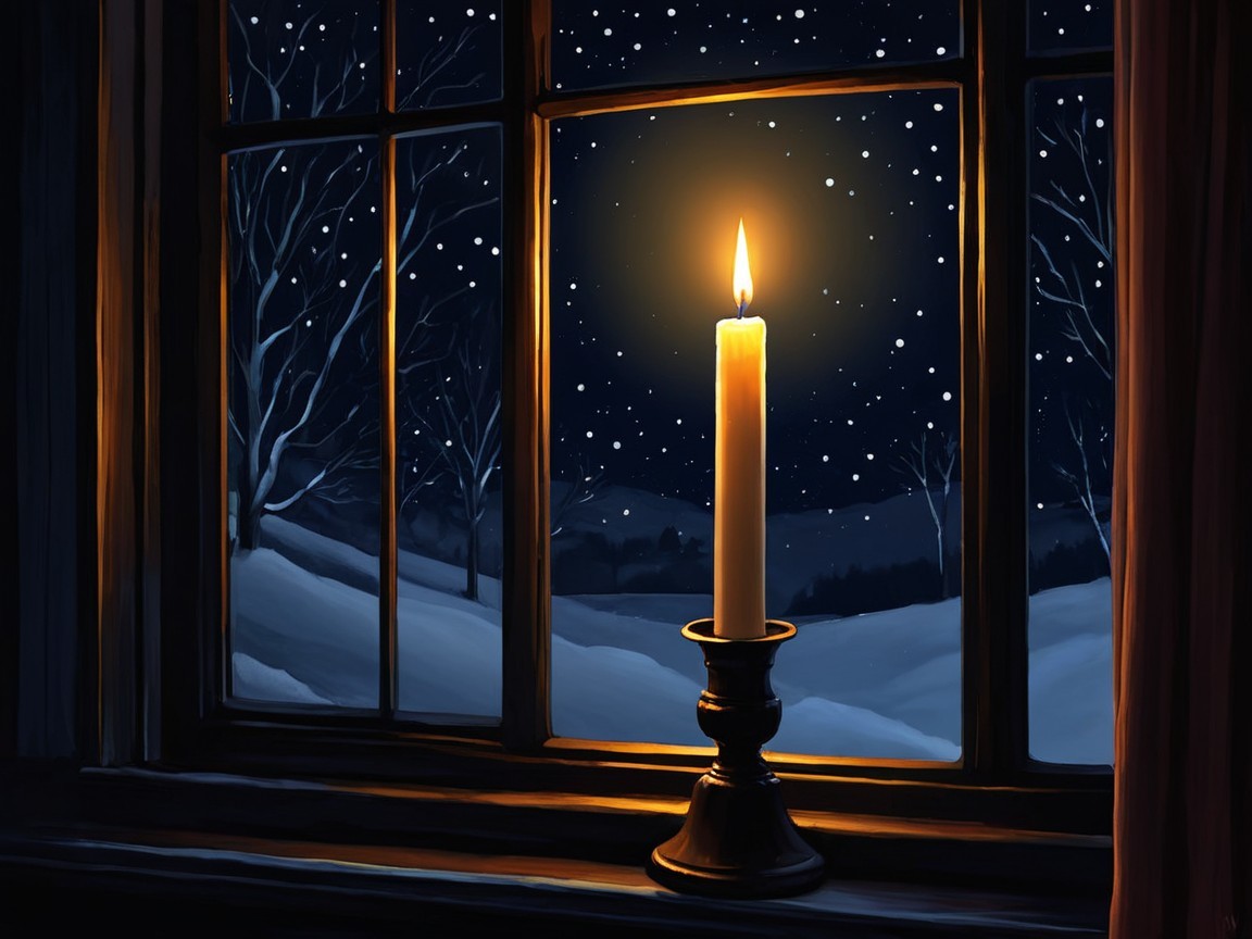 Candle on Windowsill with Snowy Night Landscape