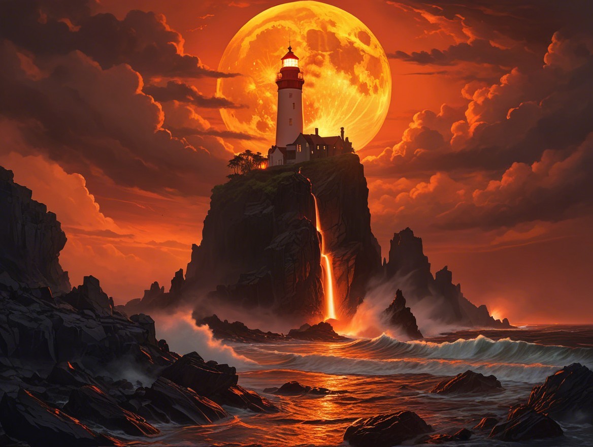 Dramatic Fantasy Landscape with Lighthouse and Lava Stream