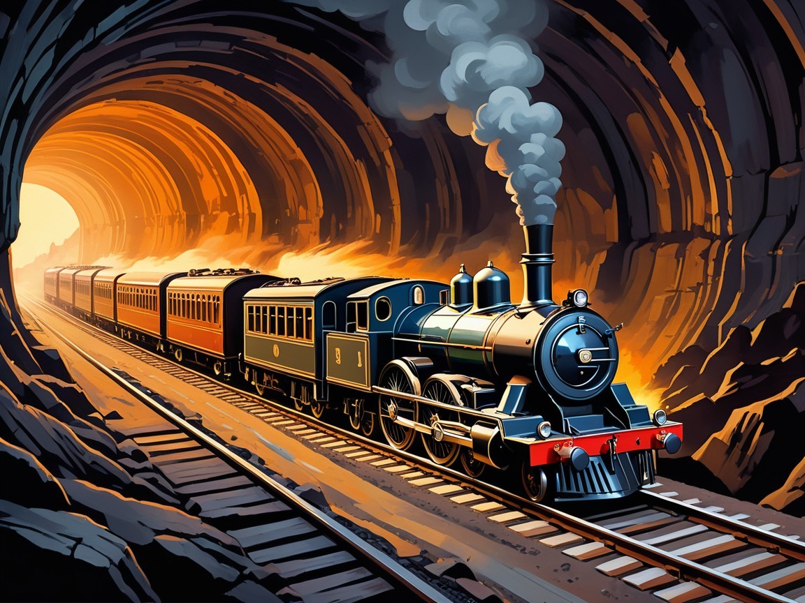 Vintage steam train exits illuminated tunnel with smoke