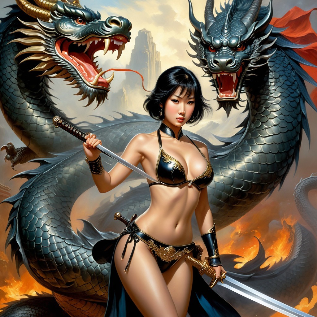 Warrior with Sword and Dragons in Fiery Landscape