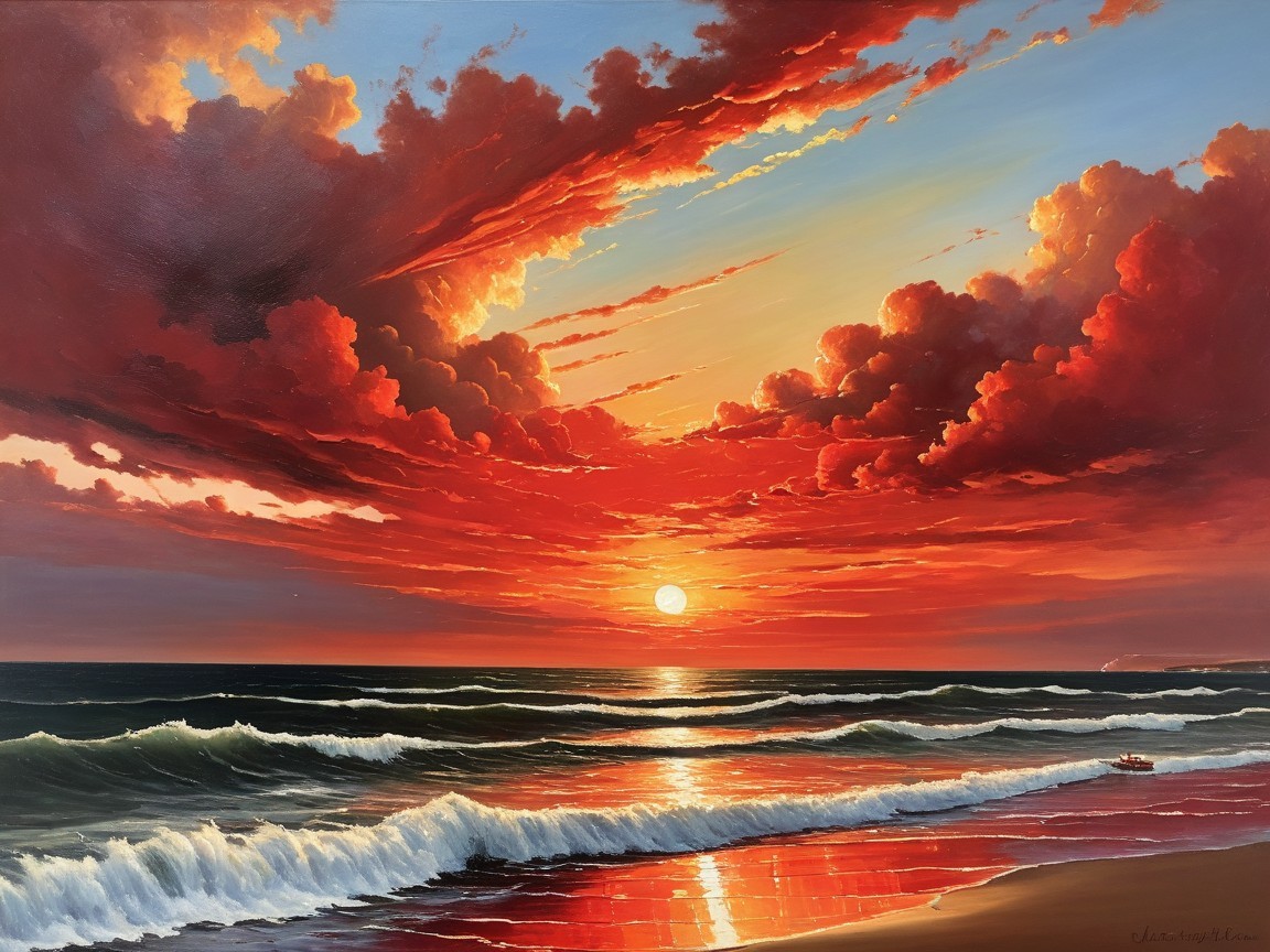 Vibrant Sunset Seascape with Tranquil Boat
