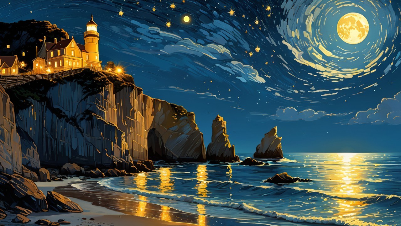 Serene Seaside Scene with Lighthouse and Moonlight