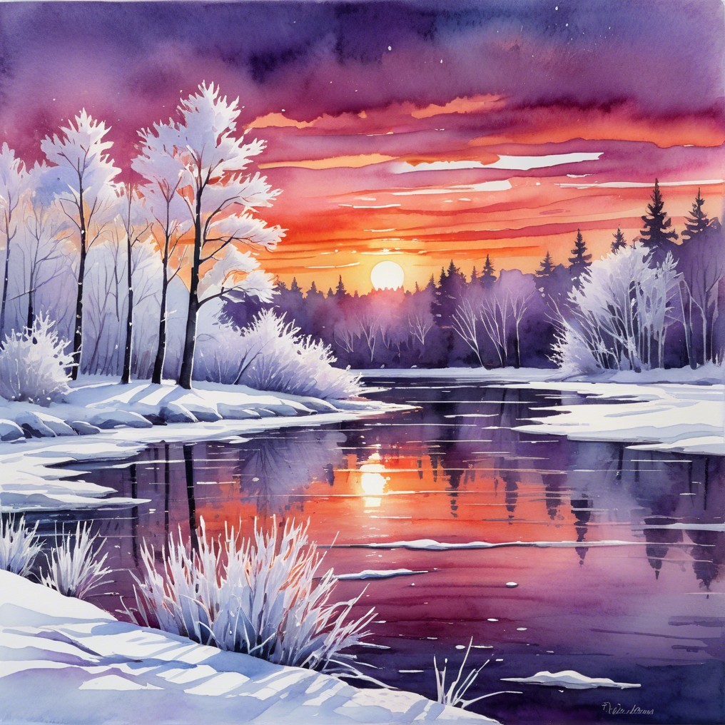 Detailed Watercolor of Serene Winter Sunset Scene