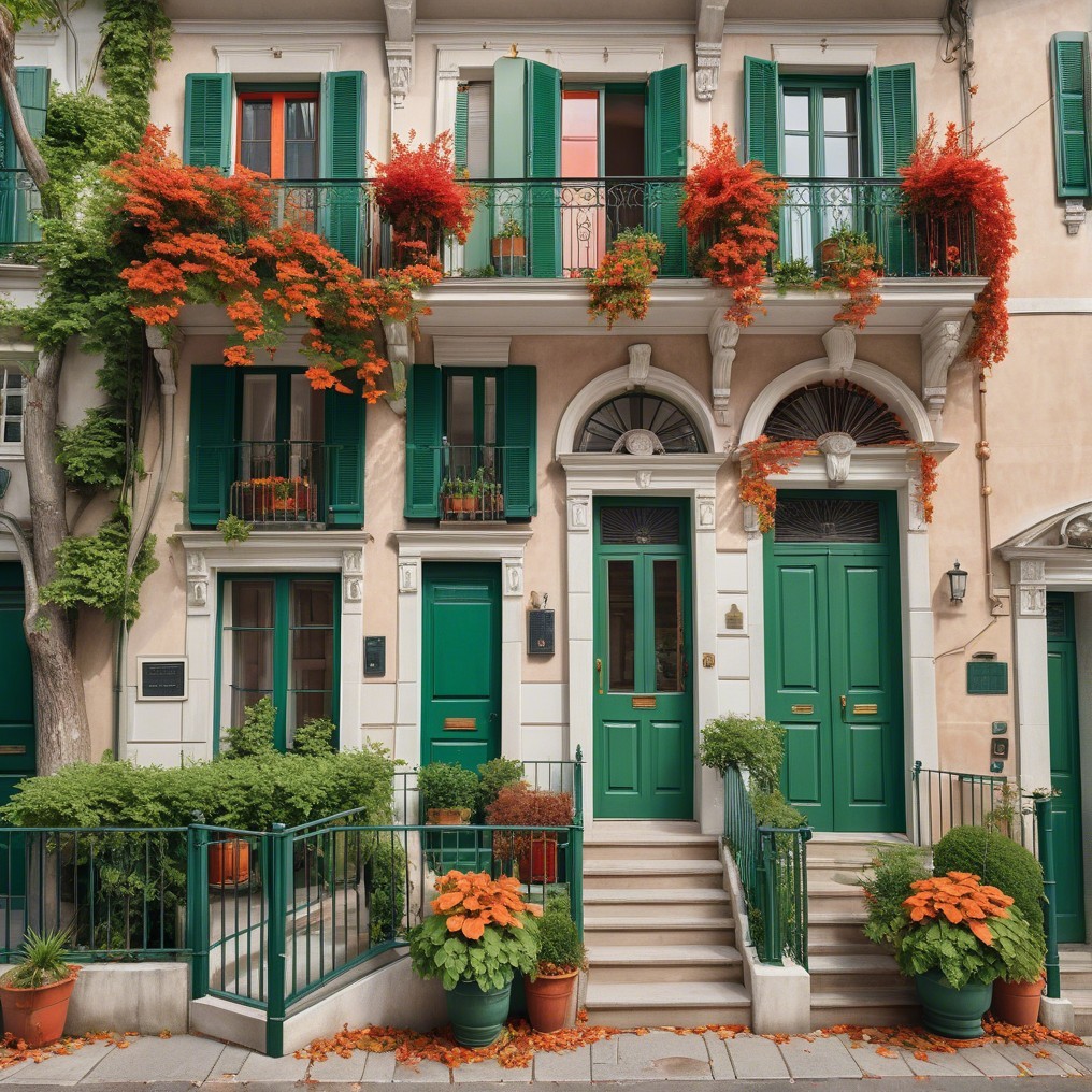 Charming Building with Vibrant Green Doors and Foliage