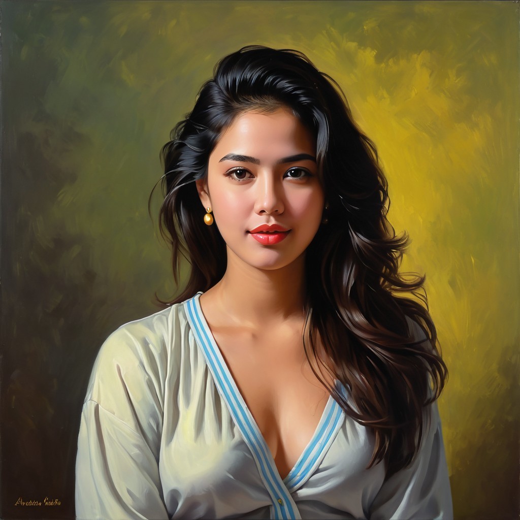 Portrait of a young woman with wavy hair and serene expression