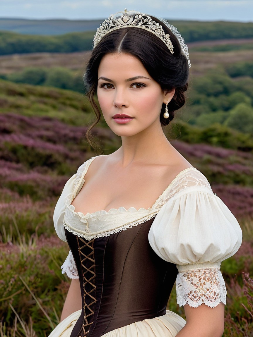 Young Woman in Vintage Gown with Scenic Backdrop
