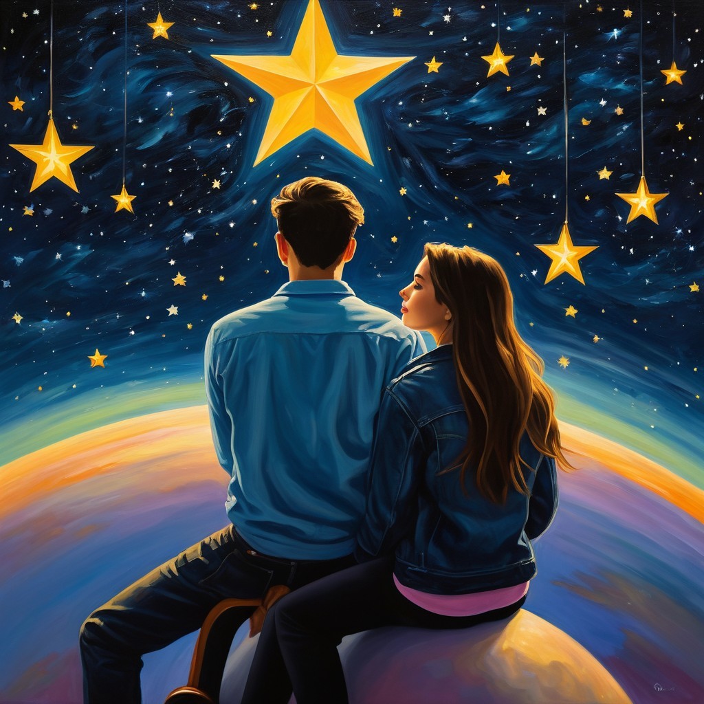 Cosmic Scene of Couple on Glowing Planet Under Stars