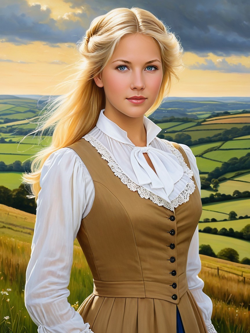 Young woman in vintage dress in countryside setting
