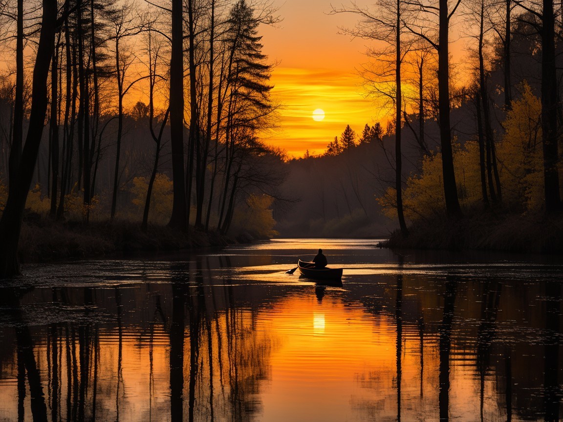 Sunset Over Tranquil River with Autumn Foliage