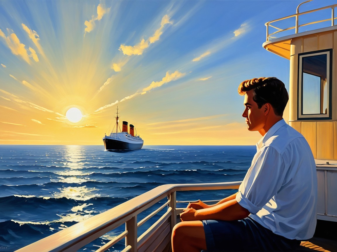 Young man on ship railing watches sunset over ocean